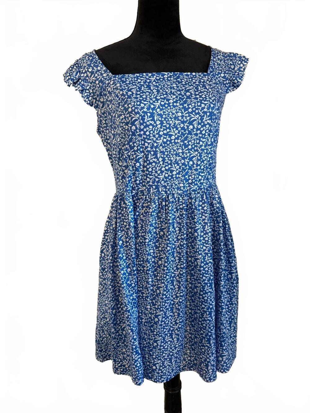 Blue and White Floral Print Fit & Flare Dress with Ruffled Cap Sleeves